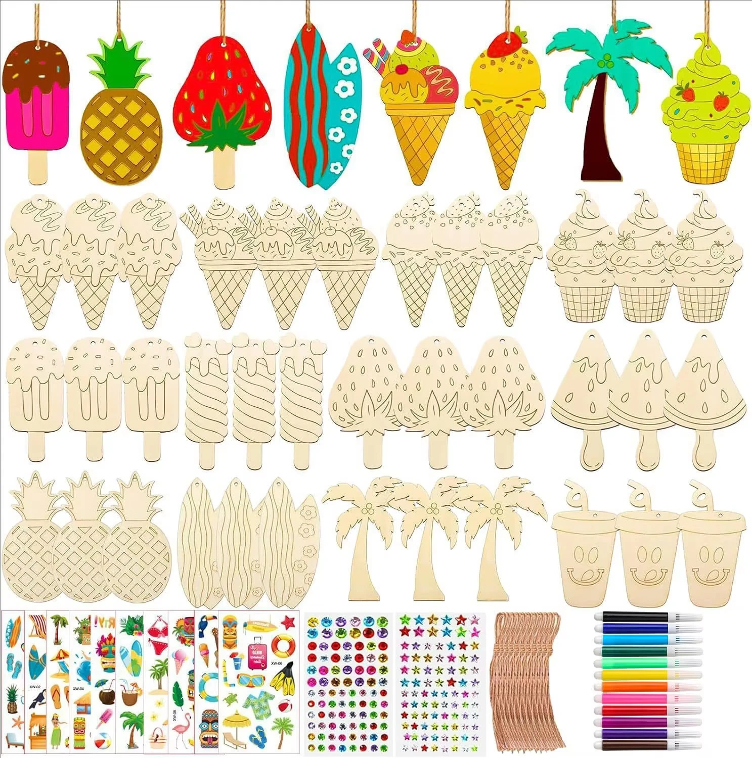36Pcs Paint Wooden Crafts Kit for Kids DIY Plant Insect Shapes with Paint Pens Stickers Family Art Activity Hanging Decoration