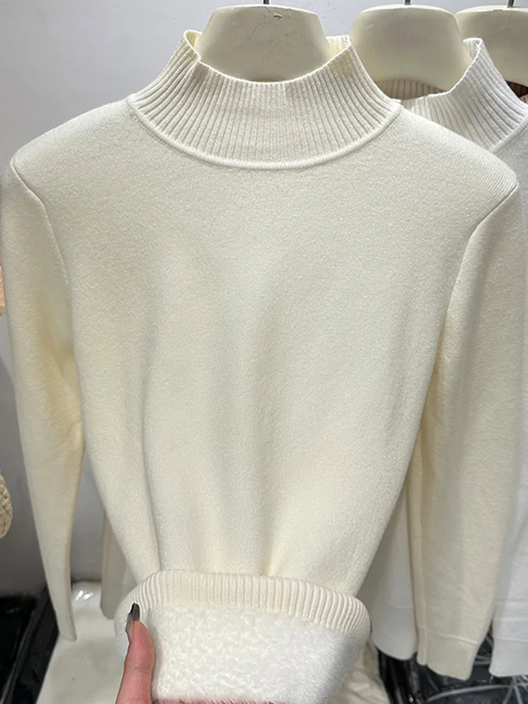 秋冬フリース長袖モックネックレディースセーター新ファッションプルオーバーニットセーター女性エレガントニットボトムス