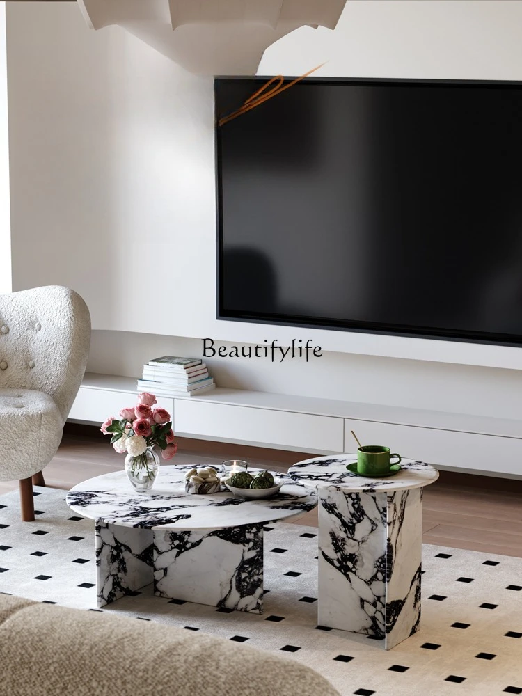

French modern simple household living room marble round cream wind coffee table combination
