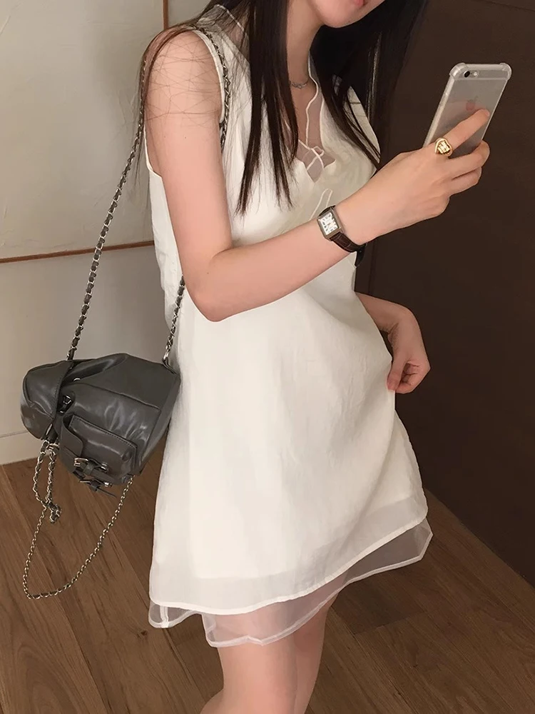 Vestido F Casual de Verão Estilo Coreano com Decote V em Renda Branca, Camada Dupla Solta e Saia Curta Respirável