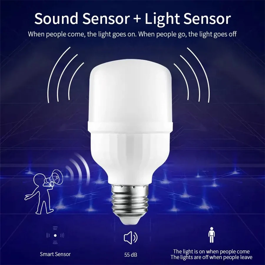 220V Sound Sensor LED Bulb E27 LED Lamp Auto On/Off Voice and Light Control LED Light Bulb Bombillas Lampada for Stairs Pathway