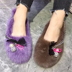 Chain Decor Women Flats Winter Warm Mink Fur Flat Shoes Ladies Outside Casual Loafers Slip-on Driving Footwear Zapatos Mujer