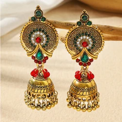 Vintage Ethnic Round Crystal Rhinestone Earrings Jewelry Gold Color Bell Pendant Long Tassel Earrings for Women Indian Jhumka