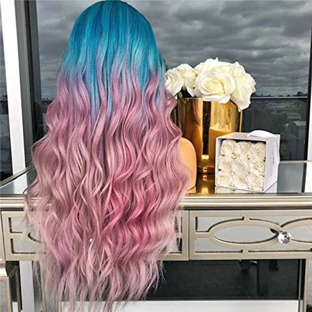 

Синтетический парик, средняя часть волос от синего до розового, женский вьющийся костюм, парики для косплея, длинный парик с челкой
