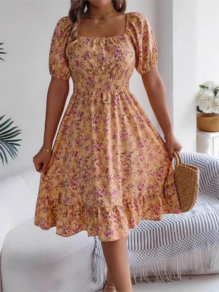 Floral Square Collar Dress Spring Summer Short Sleeved Pleated Waist Ruffle Edge A-line Skirt Mid Length Skirt Women's Clothing