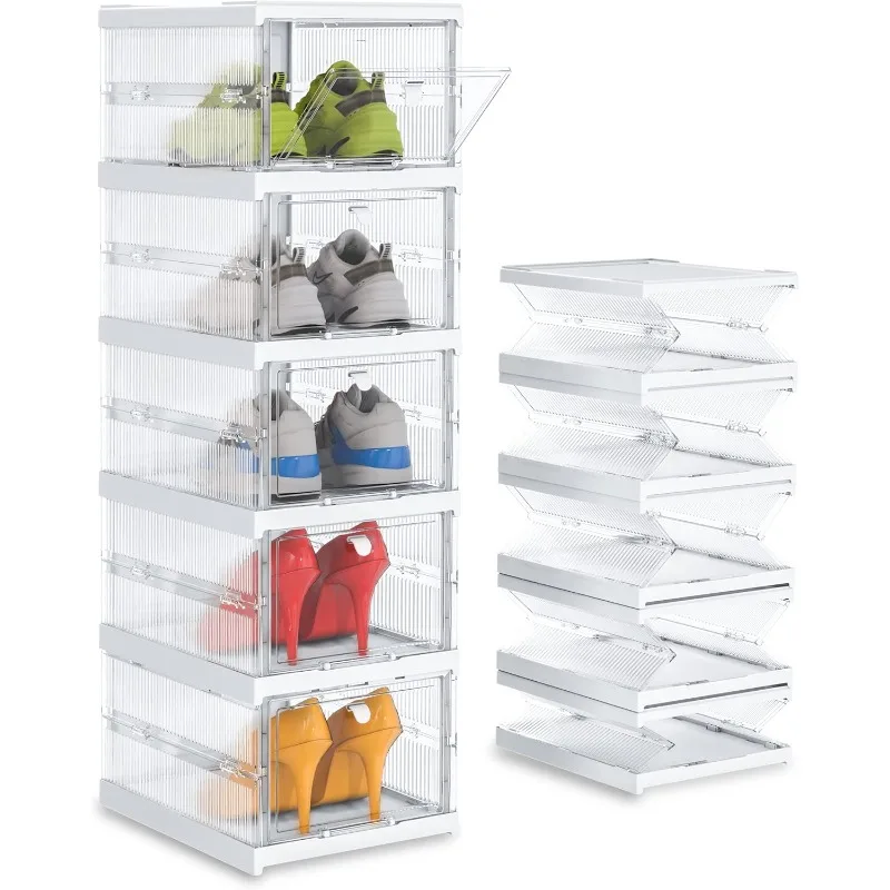 Solid Plastic Not Flimsy 5 Layers Foldable Shoe Storage Boxes - Easy Installation- All-in-One Clear Sneaker Box with Doors