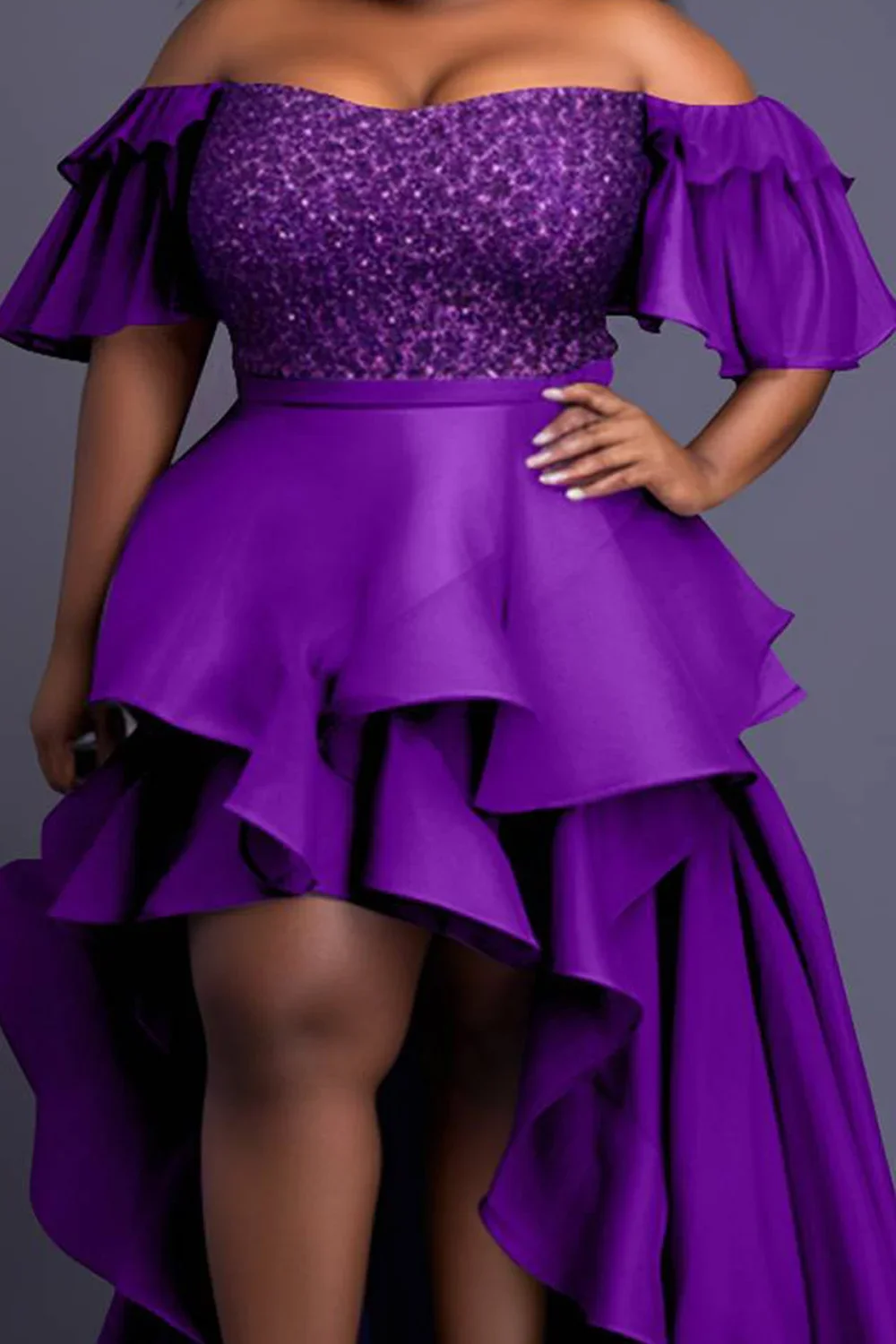 Vestido de talla grande para mujer, elegante, Morado, hombros descubiertos, manga con volantes, dobladillo asimétrico, fiesta de invitados de boda,