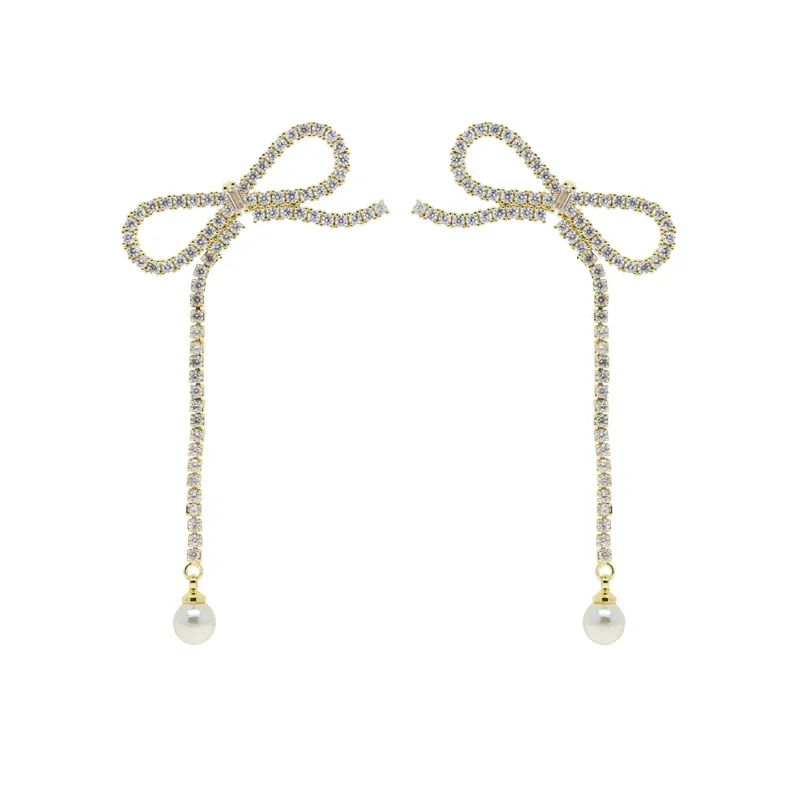 Cute Lovely CZ Bow Dangling Earring With Tassel Chain Pearl Beads Sparking Bling 5A Cubic Zirconia Paved Stunning Women Jewelry