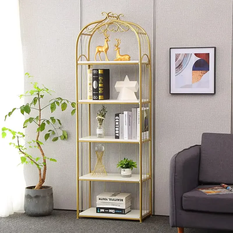 Storage rack, golden iron art living room storage rack, multi-layer floor to ceiling partition rack, bookshelf, light luxury