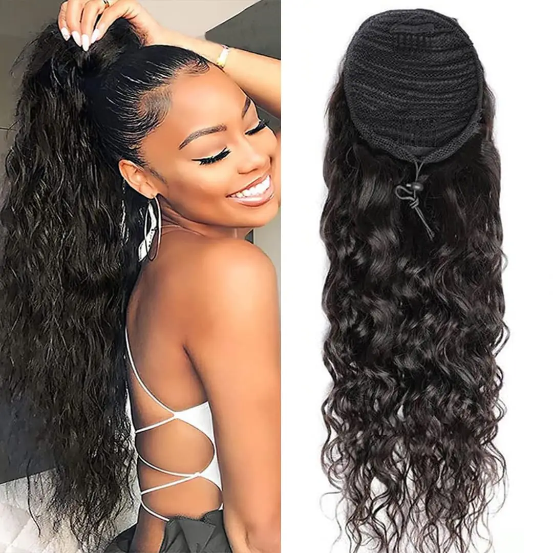 Water Wave Drawstring Ponytail Human Hair Extensions Natural Black Loose Deep Wave Clip In Hair Extensions Ponytail For Women