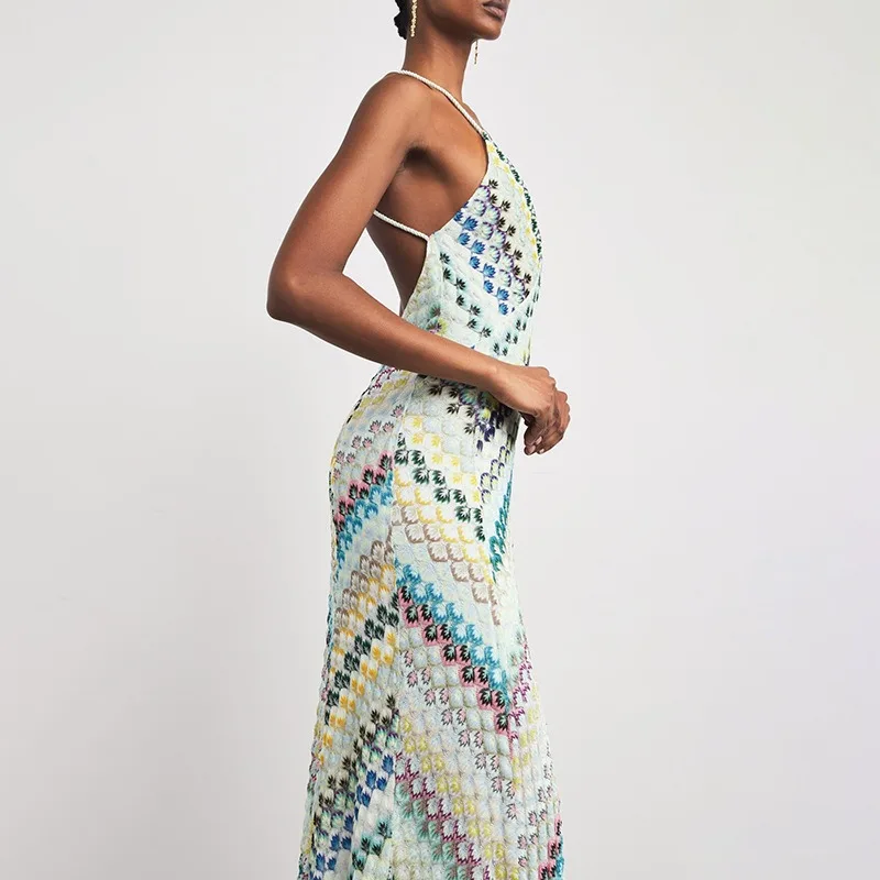Bohemian Multicolor Chevron Halter Maxi Dress Retro Deep V Neck Criss Cross Backless Sleeveless Pleated Draped Dresses Holiday