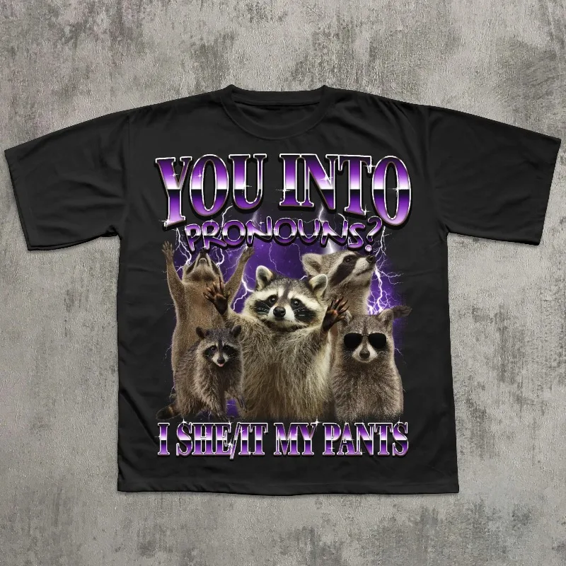 Camiseta con pronombres 'You Into Pronouns I she it my pants', Camiseta divertida de mapache, Ropa desenfrenada, Camiseta peculiar, Camisetas chulas, Camiseta de meme