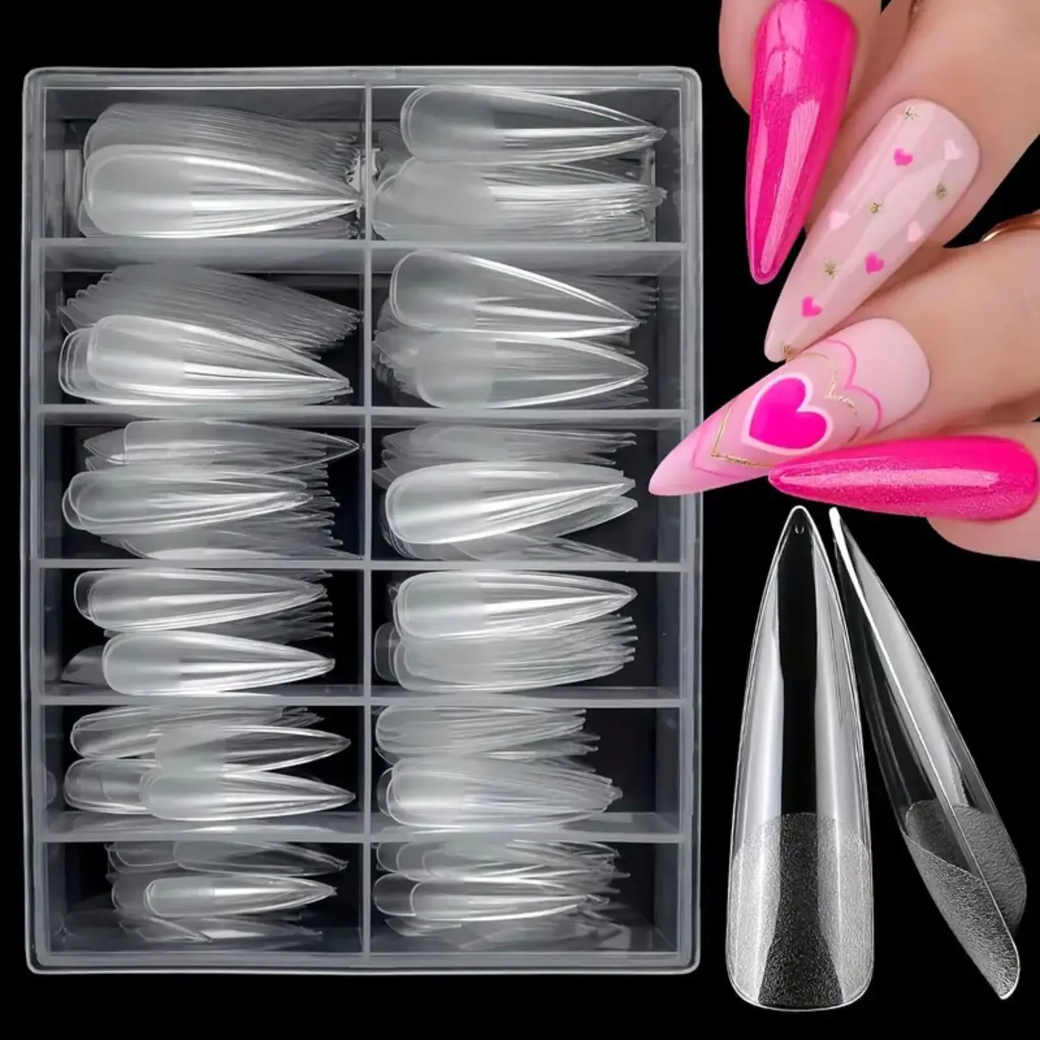 120/240Pcs XL Stiletto Gel X Nail Tips Clear Fake Nails Extra Long Stiletto Nail Full Cover Artificial Fingernail Extension Tool