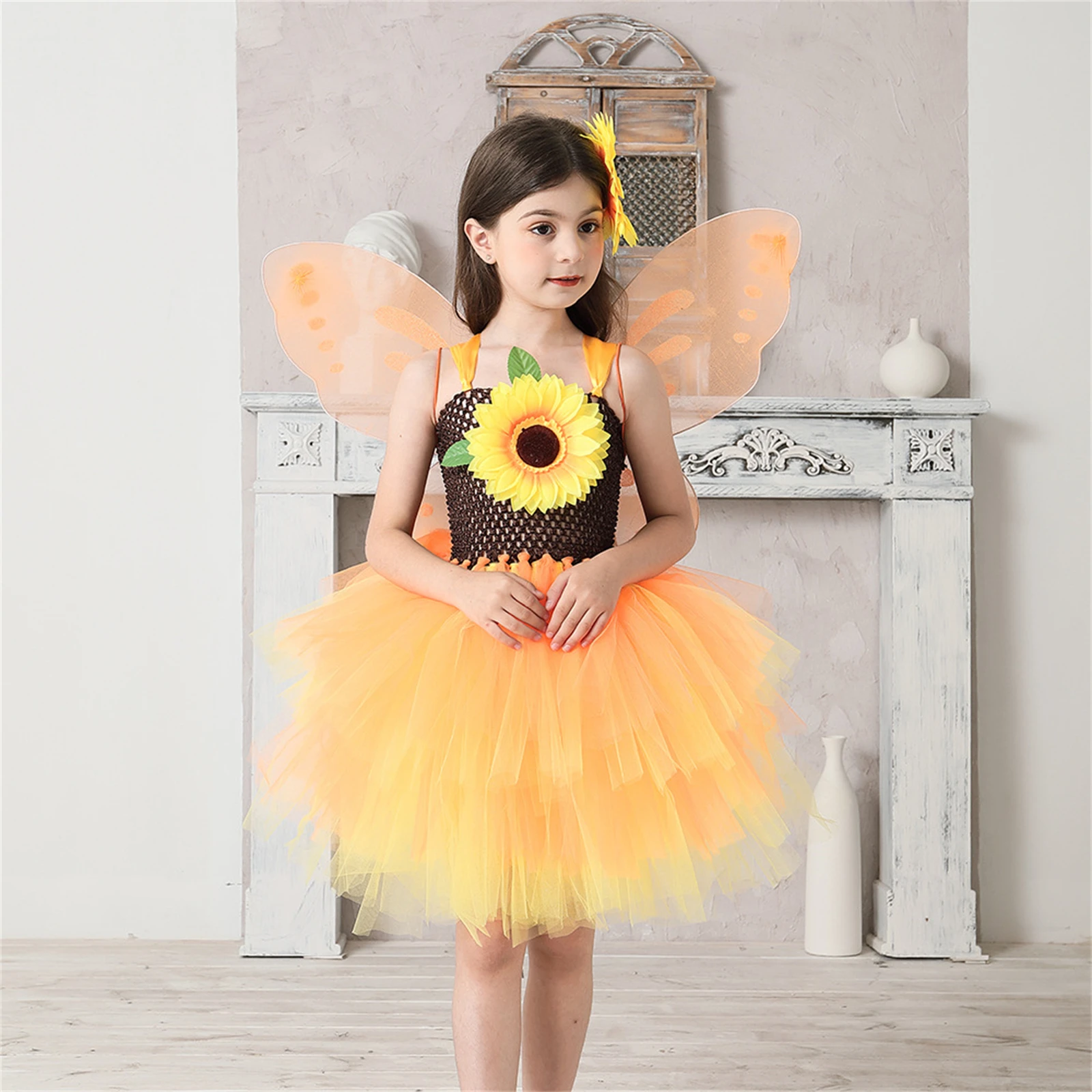 

Girl Sunflower Yellow Dress with Wings Sunflower Hair Clip kid Princess Yarn Dress Stage Performance Dress Halloween Uniform Set