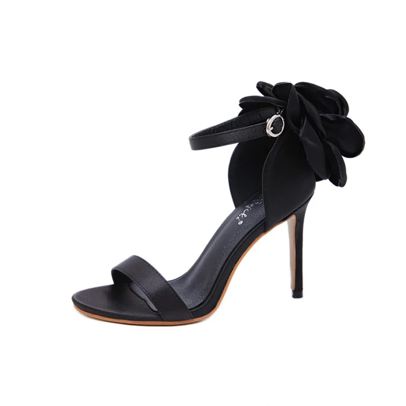 2024 Summer Fashion Silk Rose Flowers Pointed Open Toe Sandals Women Black High Heels Wedding Prom Shoes Zapatos Mujer