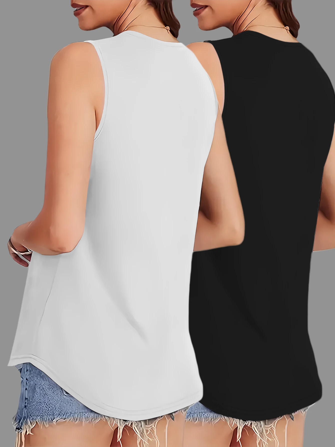 طقم مكون من قطعتين سترة نسائية كاجوال بلون سادة ورقبة دائرية بدون أكمام فضفاضة ومريحة لجميع المواسم