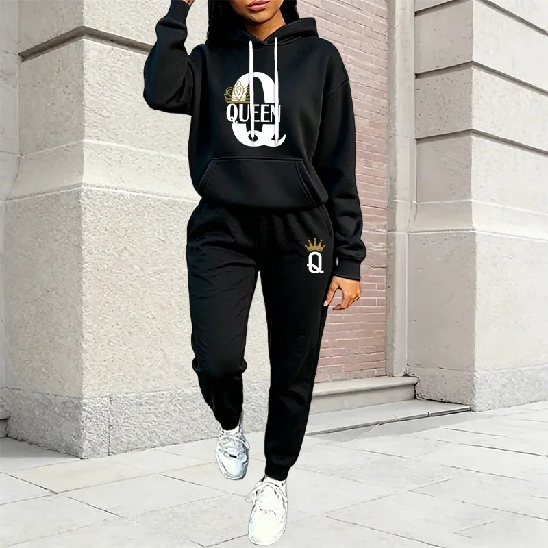 Queen Printing Women's Outfits Casual Hooded Sweatshirts 2 Pcs Suit Outdoors Fashion Clothes Autumn Winter Quality Pants Sets