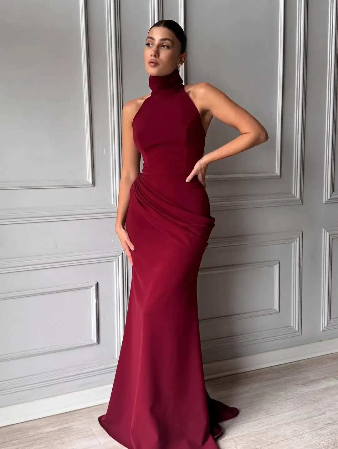 Customized Mermaid High Neck Sleeveless Pleated Evening Dress Women's Elegant Slimming Beaded Back Zipper Floor Length Prom Gown