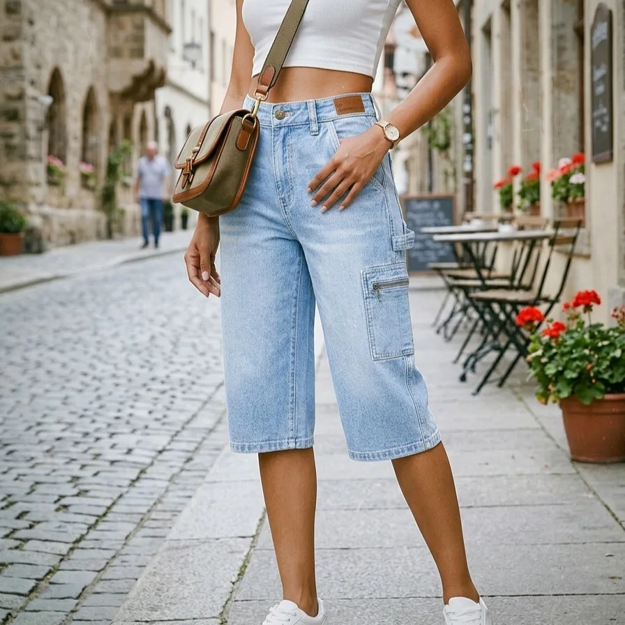 Women Denim Pant Jeans Wide Leg Mid Length Pants Vintage High Waist Straight Trousers Y2k Streetwear Elegant Work Casual Loose
