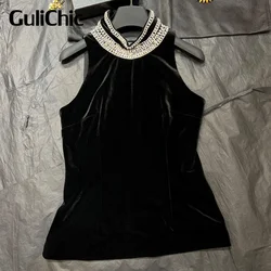 8.29 GuliChic Luxury High Quality Daimonds Hand Beading Sexy Backless Velvet Sleeveless Tank Top Women