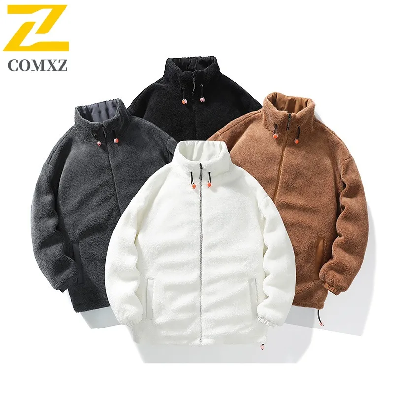 

COMXZ 2025 куртка Шерпа с воротником-стойкой, мужская зимняя толстая флисовая подкладка, уличная ветровка, модная плюшевая парка, теплая