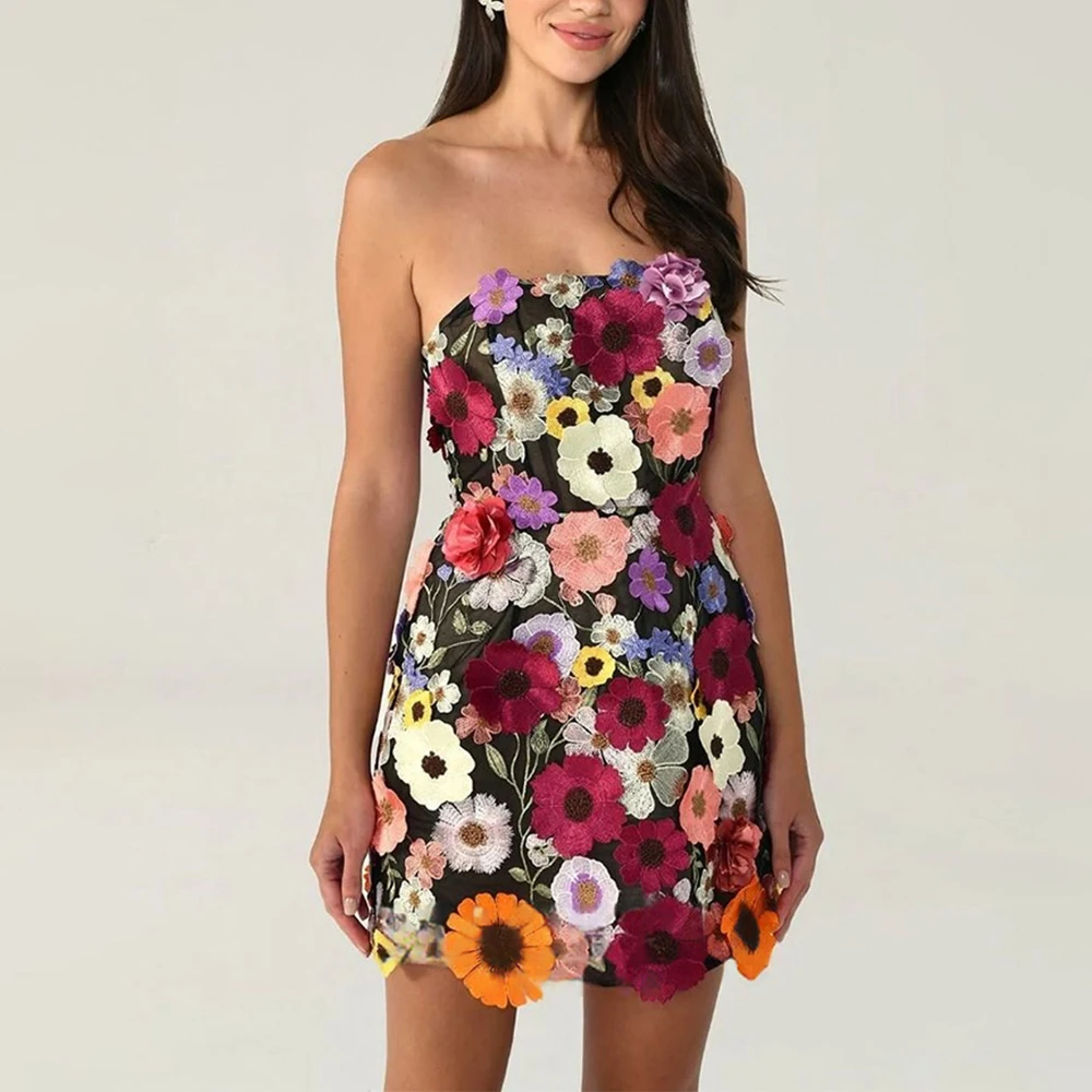 Women\'s 3D Floral Embroidery Backless Sleeveless Mini Dress Self Tie Evening Gown Elegant Short Dress for Party Cocktail Wedding