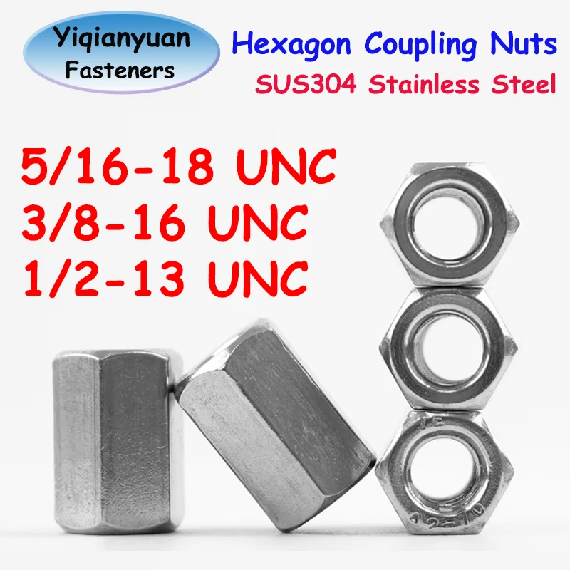 Beicai Yiqianyuan Gb56 5/16 3/8 1/2UncSus304 StainlessSteelExtendLong Lengthen Hexagon Coupling Nuts Connector Joint Sleeve Nuts