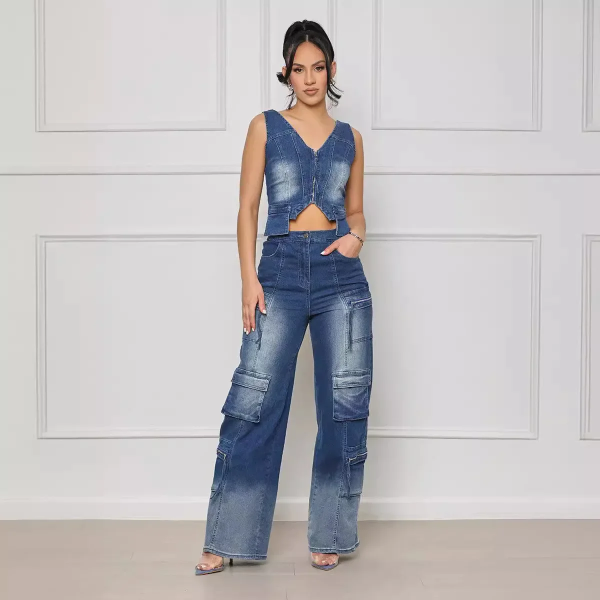 Vintage Denim Two Piece Set 2024 Summer Fashion Casual V-neck Sleeveless Tanks Multi Pocket Wide Leg Cargo Pants Streetwear