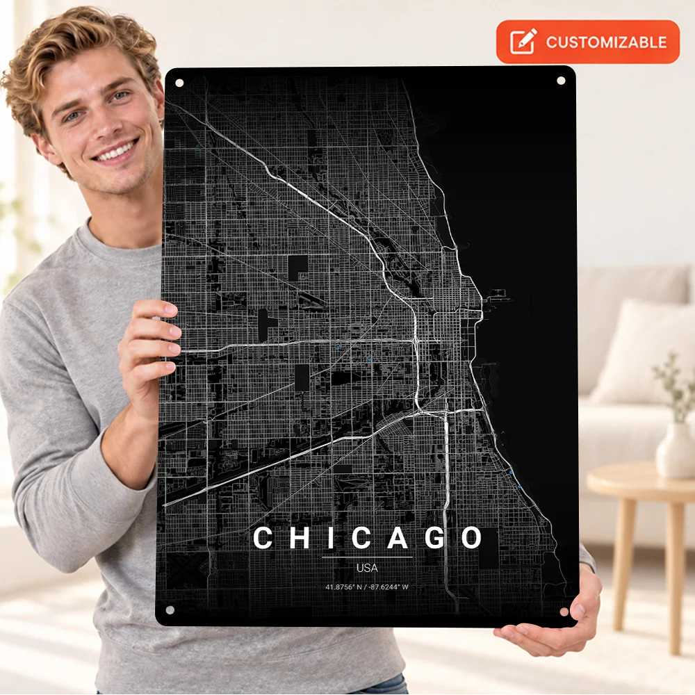 Minimalist Chicago City Street Map Textured Metal Poster Linework Wall Art For Study Customized Aluminum Sign New Resident Gift