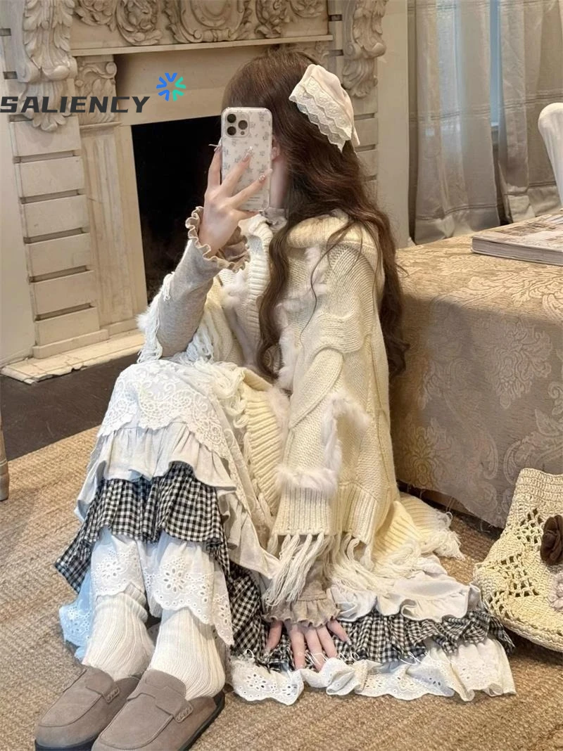 SALIENCY Japanese High Waist Loose Casual A-line Long Skirt Y2k Layered Skirt Vintage French Ruffled Pleated Skirt Female