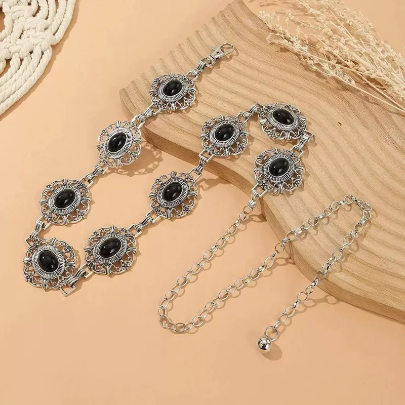 ريترو ستايل المرأة سلسلة الخصر المعدنية الملحقات الزخرفية دائرة منحوتة حزام على شكل سلسلة اكسسوارات عالية الطراز