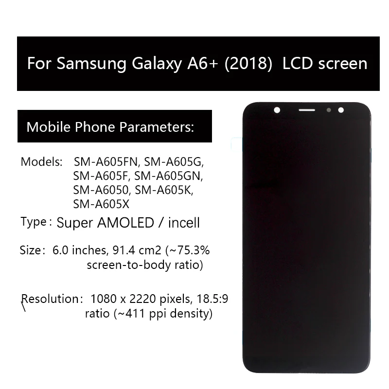 For Samsung Galaxy A6 Plus A6+ A605 SM-A605F LCD Display Screen Replacement For Samsung A605FN A605G A605GN Screen LCD Amoled