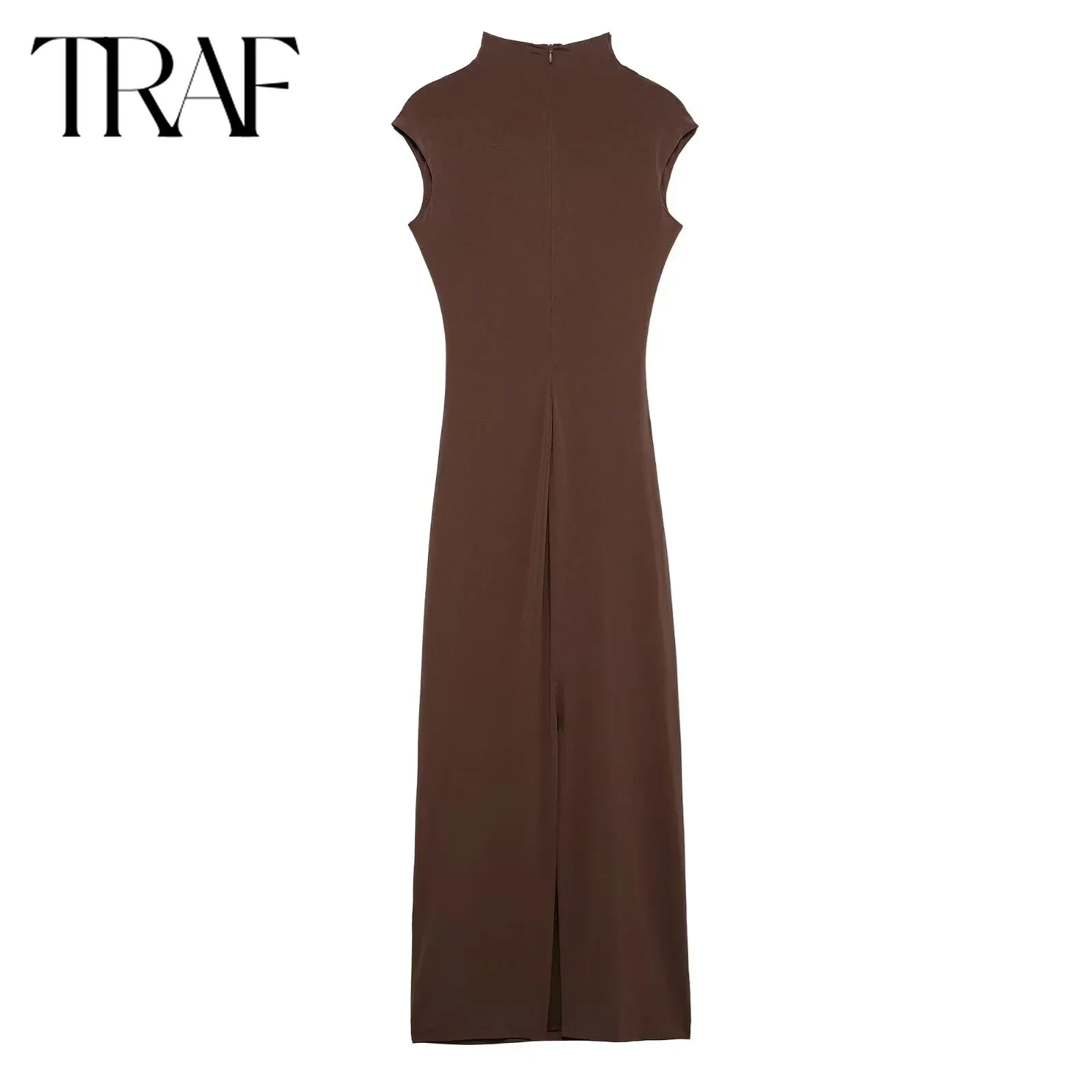 TRAF Dress for Women Fashion Autumn Winter New Fold Stand Collar Back Zip Midi Dresses French Chic Female Evening Clothing