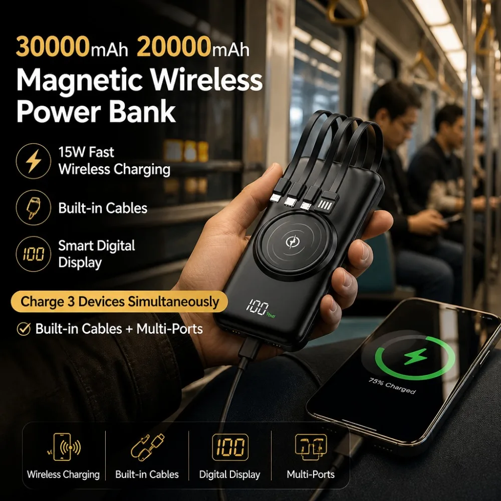20000/30000mAh Magnetic Wireless Power Bank, 15W Fast Charging Built-in Cable Digital Display for iPhone Samsung PowerBank
