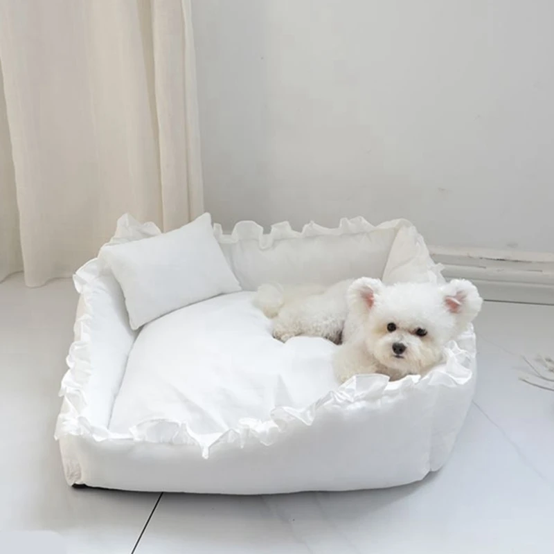 Pet Dog Lace Bed Cat Bed Cute Puppy Square Sleeping Cushion Bed Cat Sofa Warming Dog Nest with Pillow Washable Pet Bed S~L