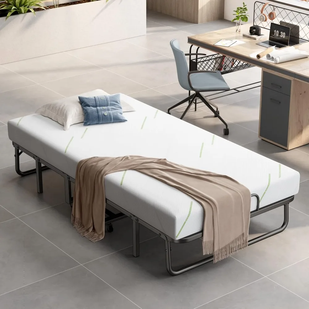 

Bed with Mattress for Adults, 75” x 38” Twin Size Portable Rollaway Bed with 5 Inch Memory Foam Mattress