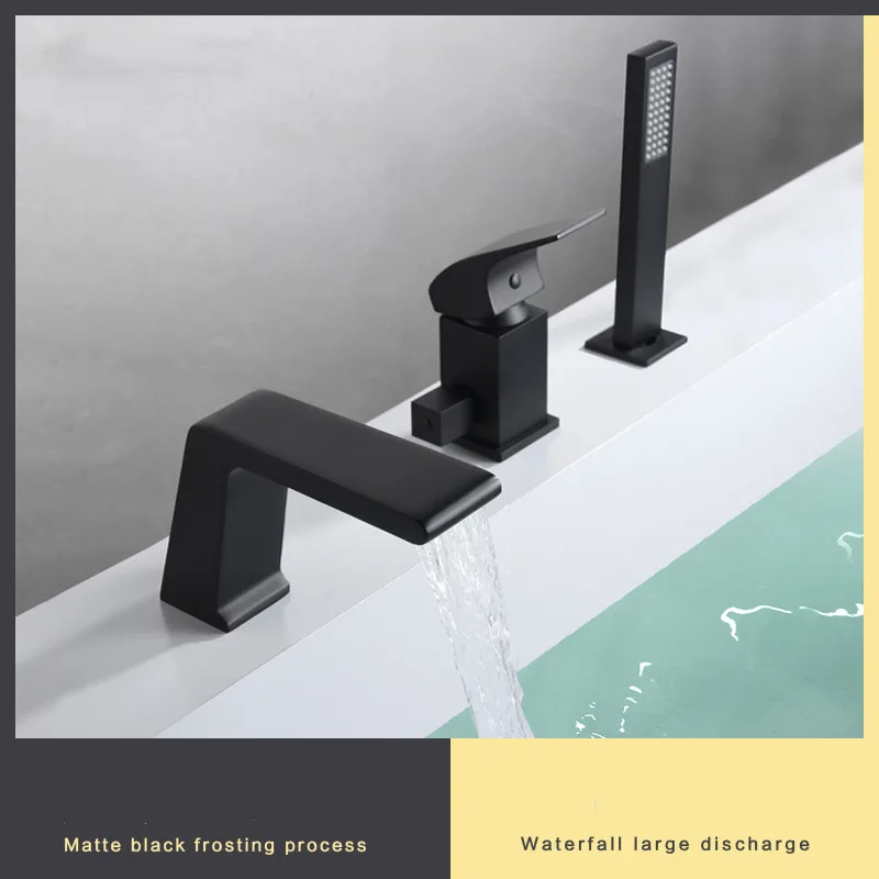 Matte Black Bathtub Faucet set Mixer Single Handle Mixer Tap Waterfall Spout With Brass Handshower Bath Mixer Shower