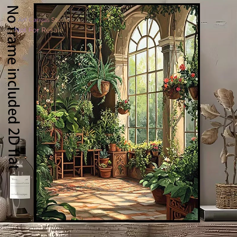 2D Flat, 2D Flat, A 1pc Decorative Canvas Painting in a Classical Style Featuring a Greenhouse Garden, Surrounded by Greenery