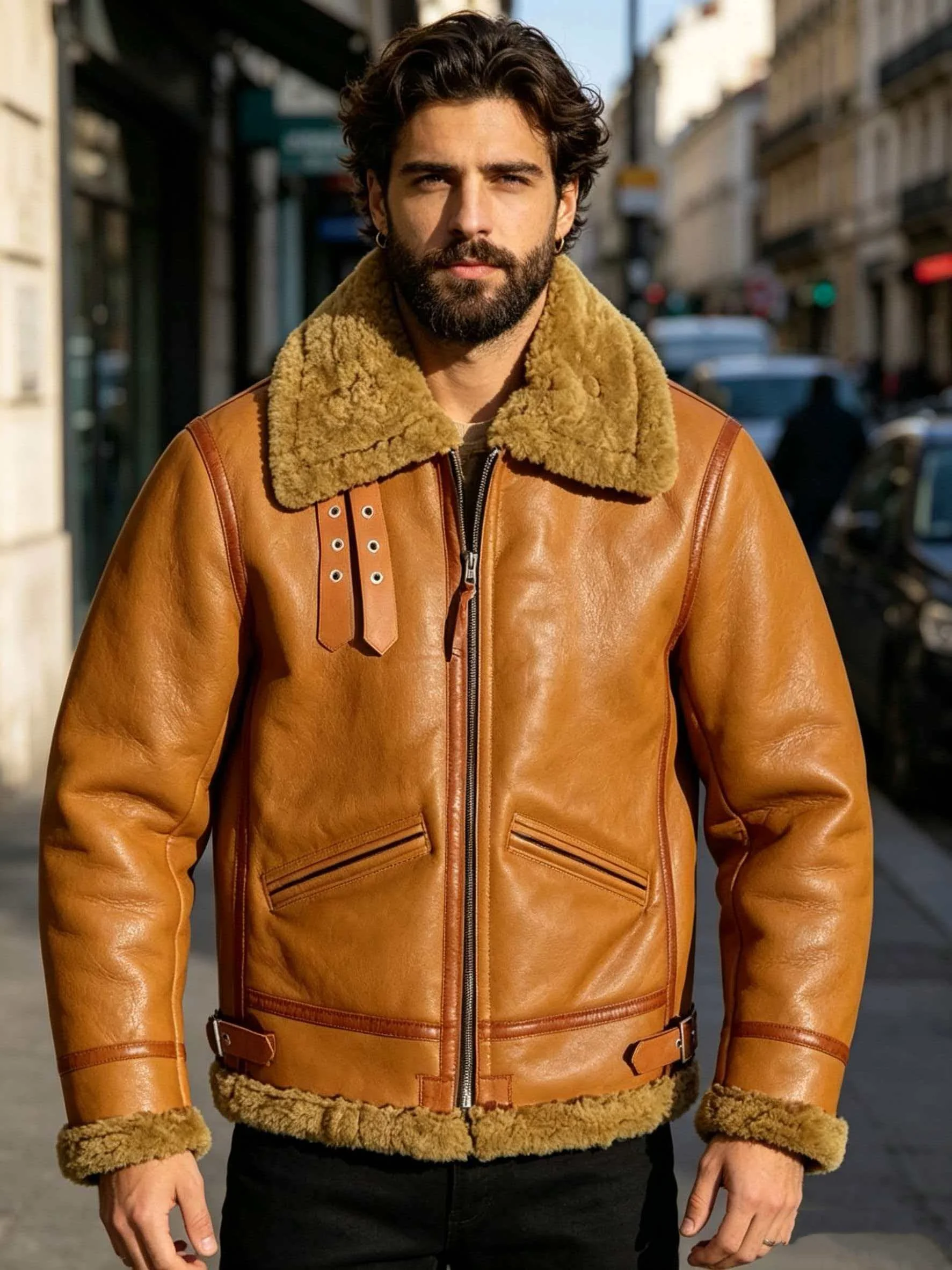 Orange Winter Shearling Jacket Men Retro Style Plus Size 5XL Genuine Natural Thick Sheepskin Turn-Down Collar Warm Flight Coat