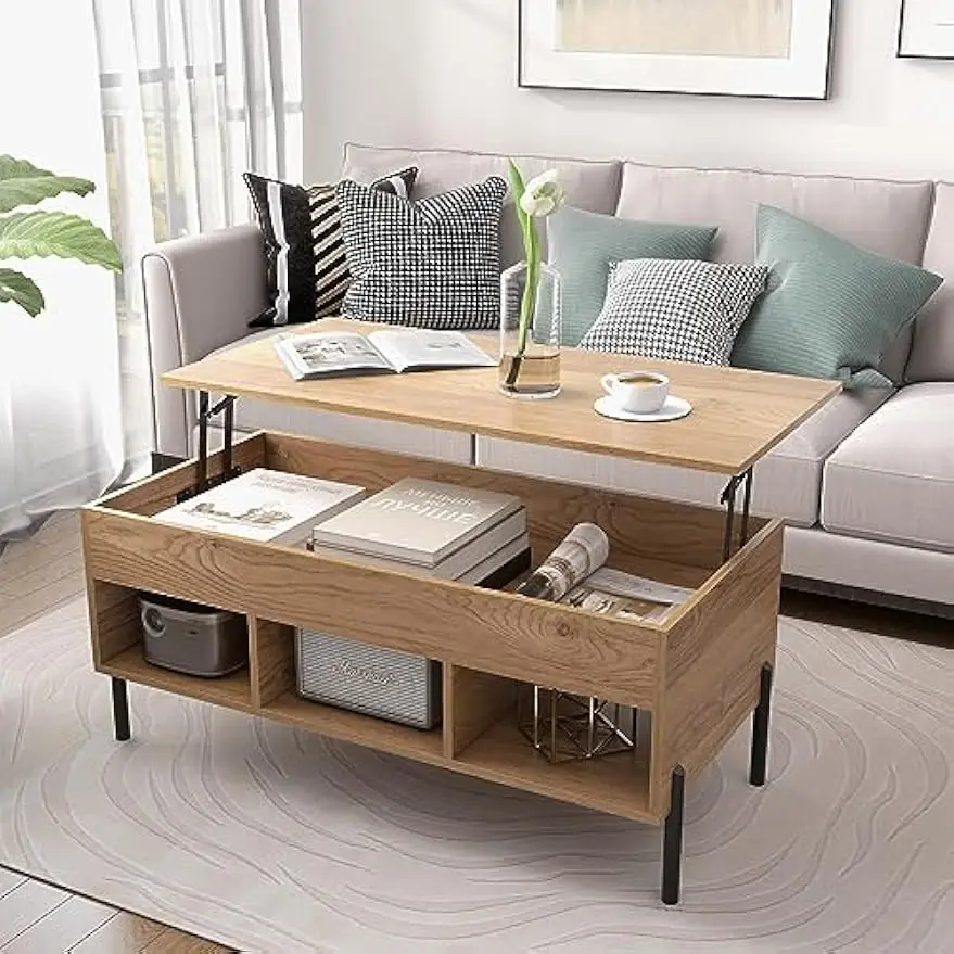 Mesa de Centro Elevable, Mesa Central de Café con Tablero Elevable, Amplio Compartimento Oculto y 3 Espacios Abiertos, M