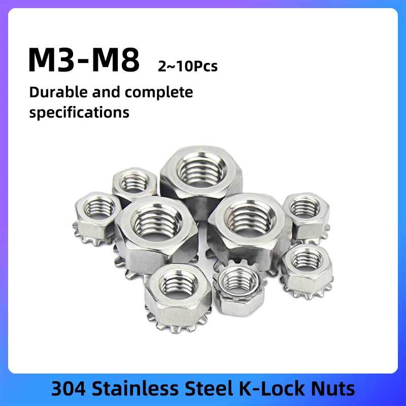 

GooBetter 2~10Pcs K-Lock Nuts M3 M4 M5 M6 M8 304 Stainless Steel Keps Nuts with External Tooth Washer Suitable Woodworking Nuts