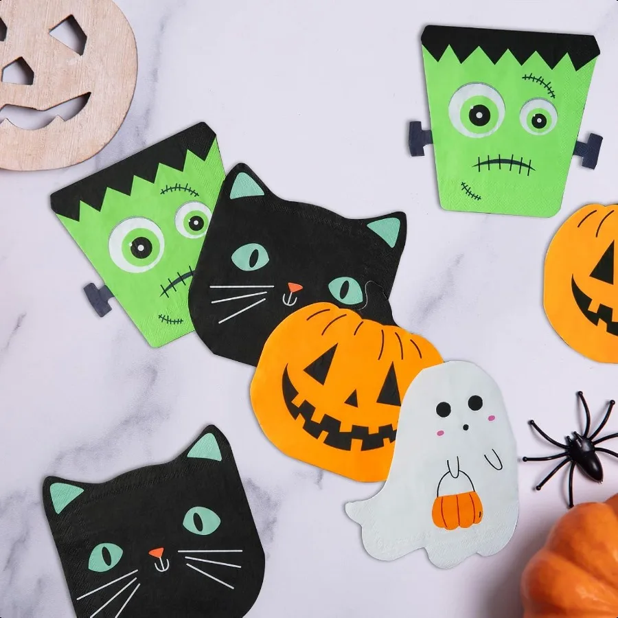 100 pièces serviettes en papier Halloween 3 plis fantôme citrouille chat noir serviette de déjeuner effrayant Dert dîner serviette à main pour la fête 6.5x6.5