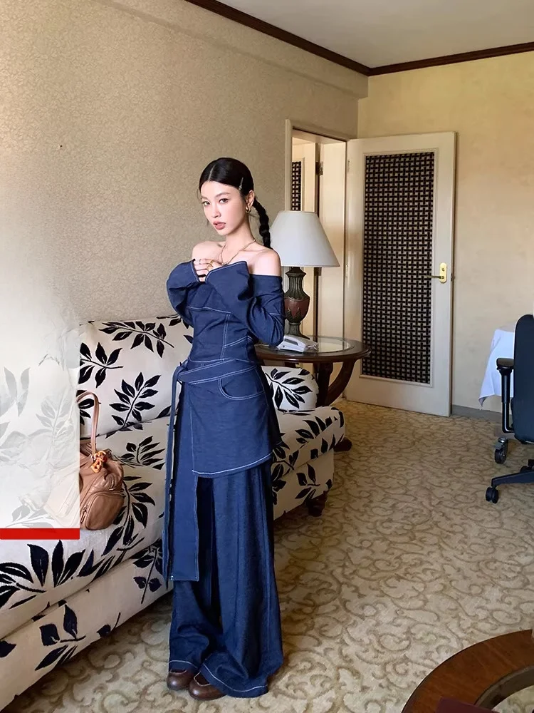 

DULA Good Home Американские ретро джинсовые широкие брюки с высокой талией и одним плечом Женский весенне-осенний комплект футболок Chic Sle