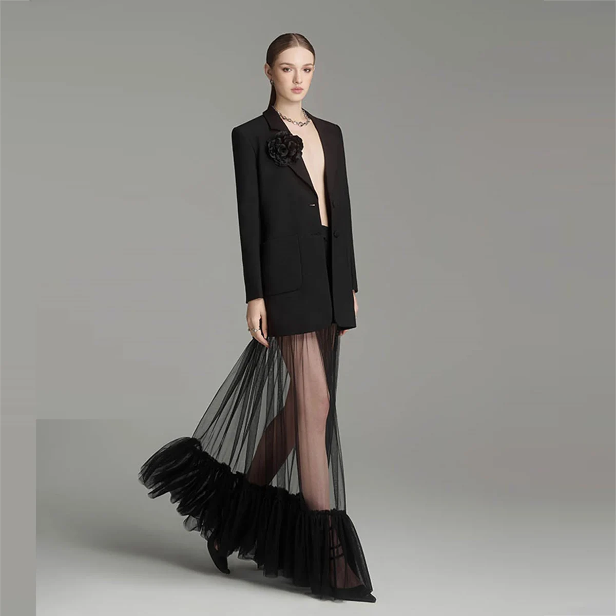 Falda larga transparente de tul negro, falda tutú elástica de cintura alta para mujer, ropa Formal, Color y tamaño personalizados