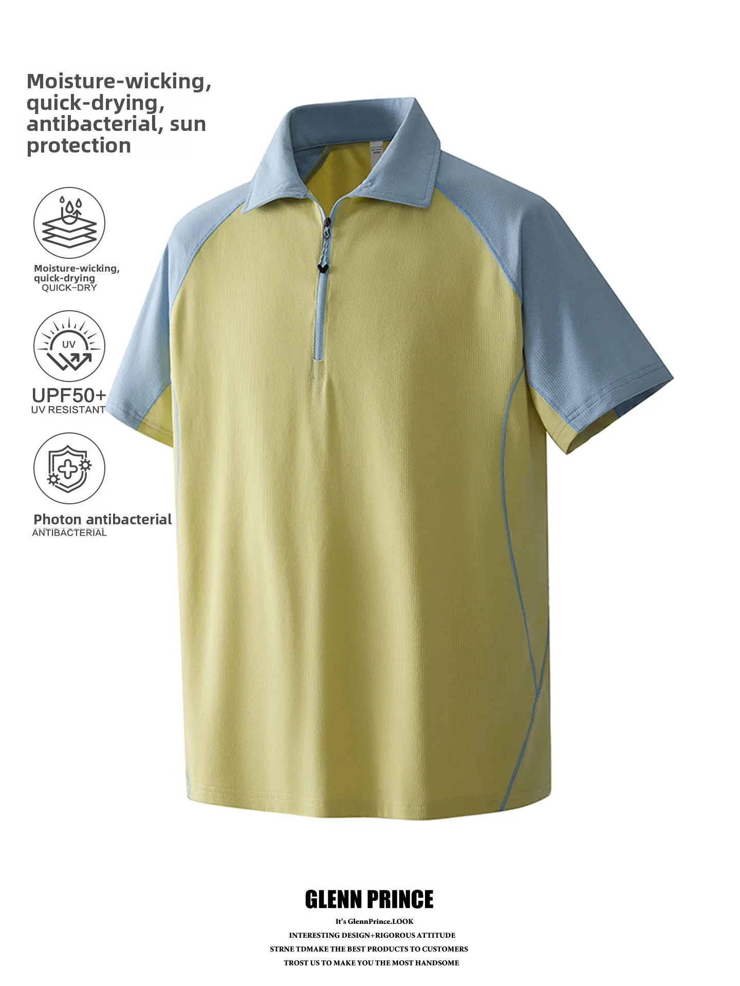 

GPstudio American Color Block Half Zip Short Sleeve Shirt Men Summer Sun Protection Quick Dry Outdoor Sports Training Wear