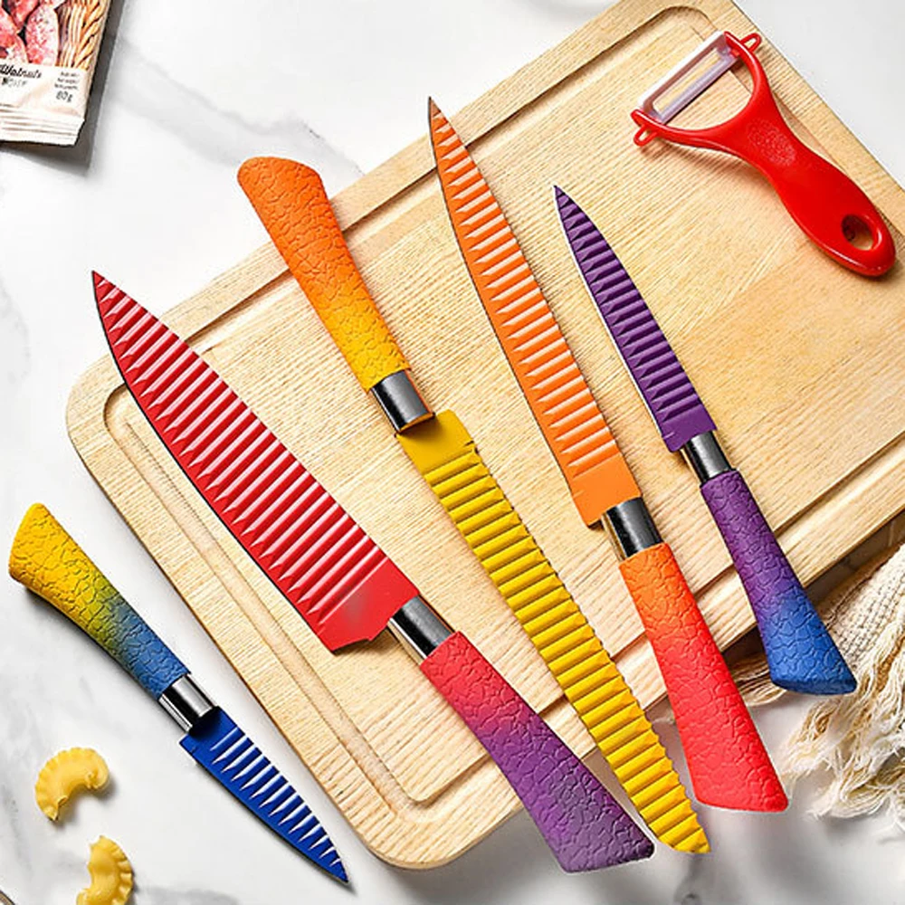 6 Piece Colorful Knife Set - 5 Kitchen Knives with 1 Peeler - Stainless Steel Rainbow Chef Knife Set