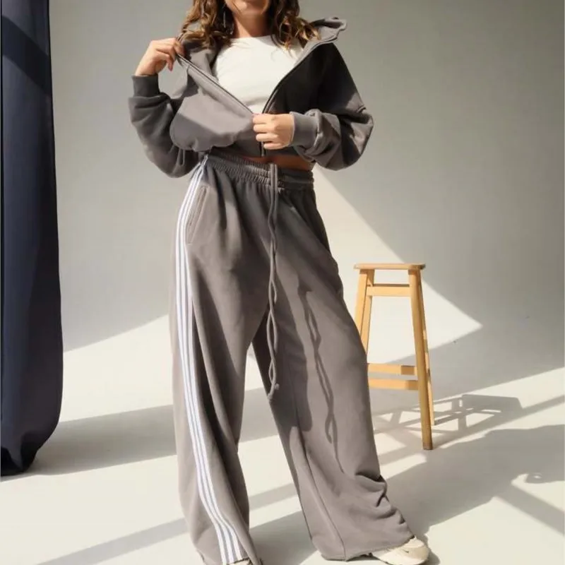 

Women's Athleisure Color-Blocked Striped Hooded Drawstring Oversized Jacket & Wide Leg Pants Two-Piece Set Trendy Active Outfit