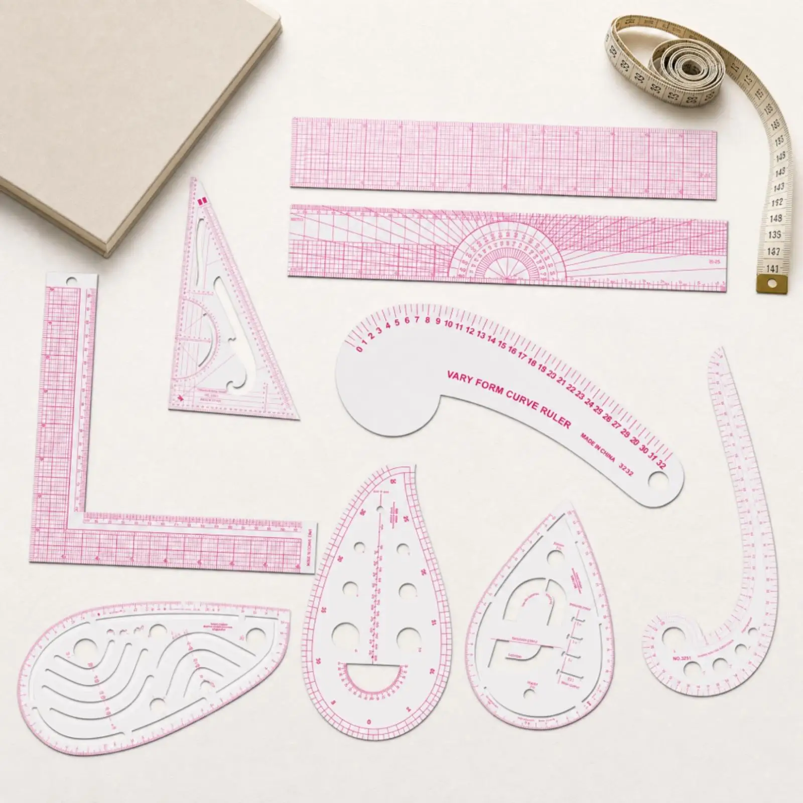 Clear PVC Sewing Pattern Ruler Set for Technical Drawing and Measuring with Pink Grid Lines for Dressmaking Tasks
