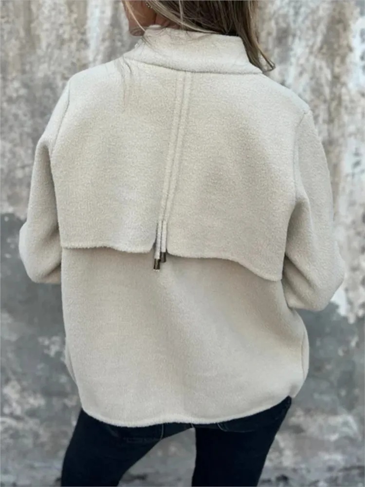 Women's Casual Zipper Cardigan Tweed Jacket  2025 New Fashion Stand Collar Pocket Loose Female Coat Street Women's Clothing