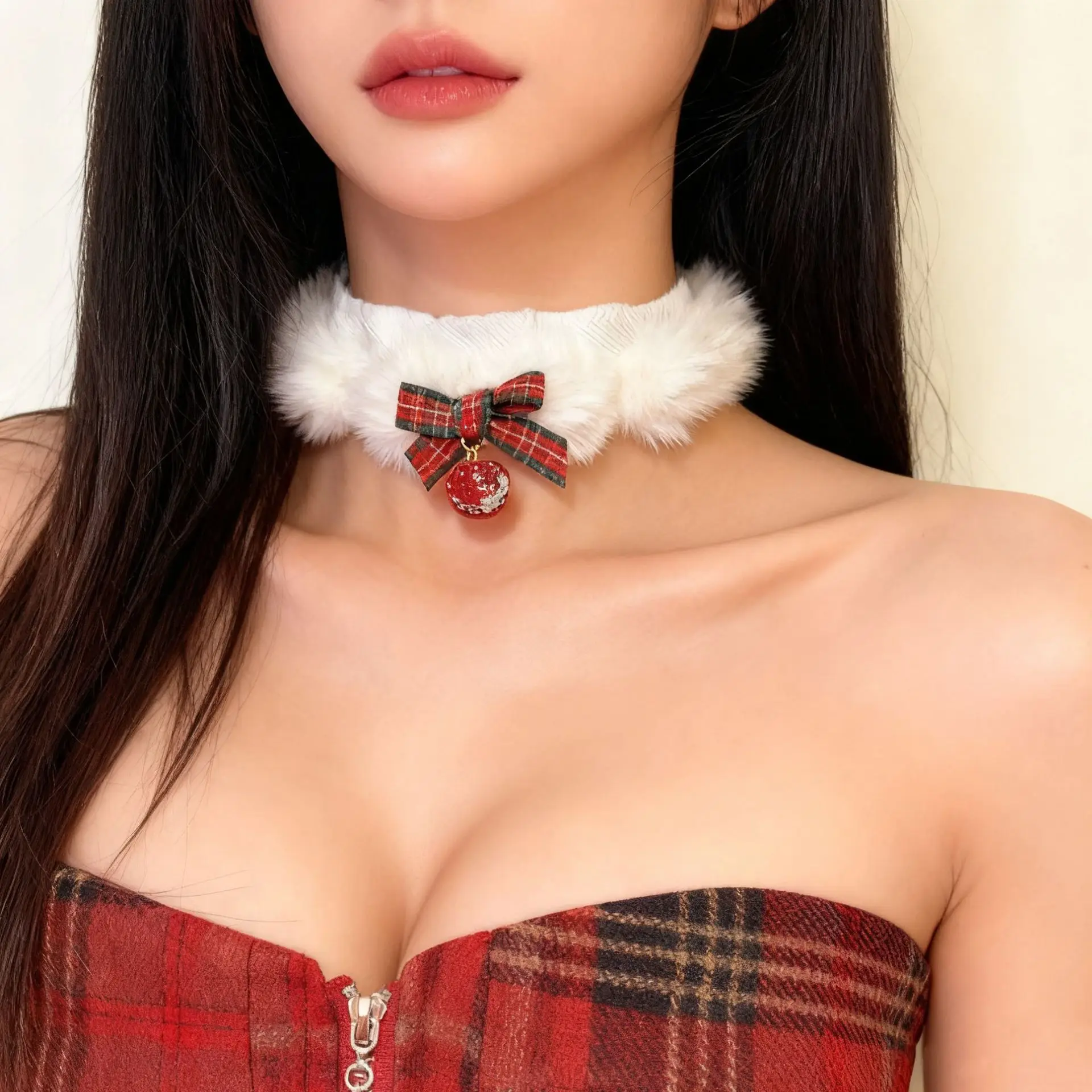 New Christmas White Plush Choker with Bow and Bell Necklace Women's Autumn/Winter High-End Collarbone Chain